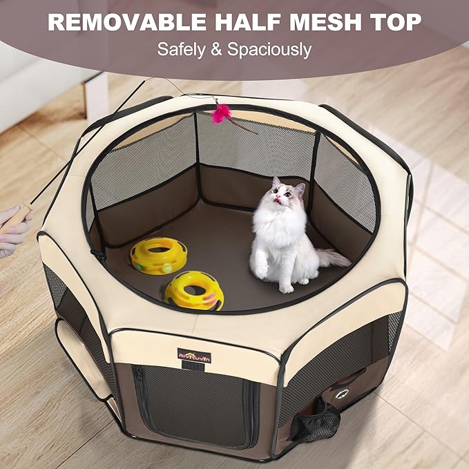 Aivituvin Dog Playpen, Foldable Pet Play Pens with Carrying Bag for Cat, Puppies, Rabbits, Portable Dog Tent Crates Cage for Travel Camping Indoor Outdoor, Removable Shade Cover, Brown L