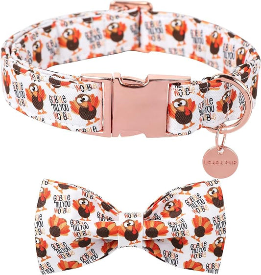 Thanksgiving Dog Collar with Bow Tie, Turkey Cotton Bowtie Collar for Puppy Girl Dog or Cat, Autumn Bow Tie Collar with Durable Metal Buckle, Turkeys Pet Collar, XS, Neck 8-12in