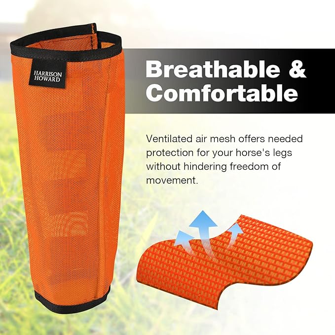 Harrison Howard Loose Fitting Fly Boots UV-Protective Extra Tough Mesh Ventilated Four Fasteners Stay-on Design Protect Horse Legs & Stomp-Reducing Set of 4 Orange Mini