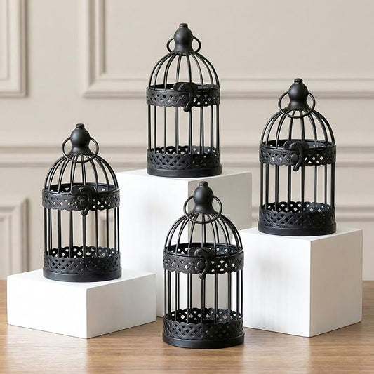 VELA LANTERNS 6" Birdcage Decor Candle Holder Lantern Decorative Table Centerpiece Halloween Decorations, Black, Small, Set of 4