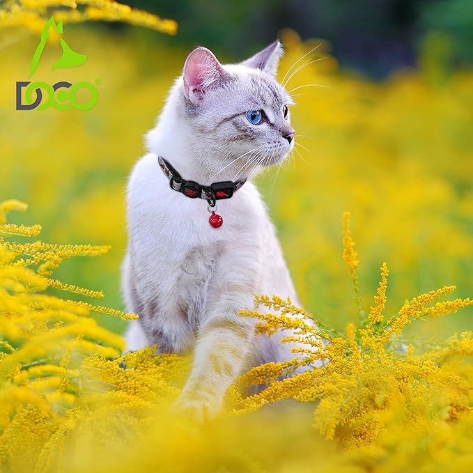 DOCO Cat Collar (Neck Girth - 3/8" x 7.5-12", Weight Upto - 13lb) Reflective Cat Collar with Bell, Breakaway Safety Buckle, Adjustable Nylon Strap for Kittens & Adult Cats (Red)