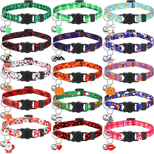 Talltalk 15 Pcs Holiday Cat Collars St. Patrick's Day Easter Adjustable Breakaway Cat Collars Bundle with Plastic Buckle for Independence Day Seasonal Holiday Pet Kitten
