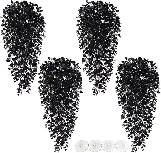 Hamiledyi 4 PCS Reptile Plants, Hanging Terrarium Plants, Artificial Leaves Habitat Decorations with Suction Cup, Fake Amphibian Plants for Bearded Dragon Lizard Hermit Crab Geckos Chameleon(Black)
