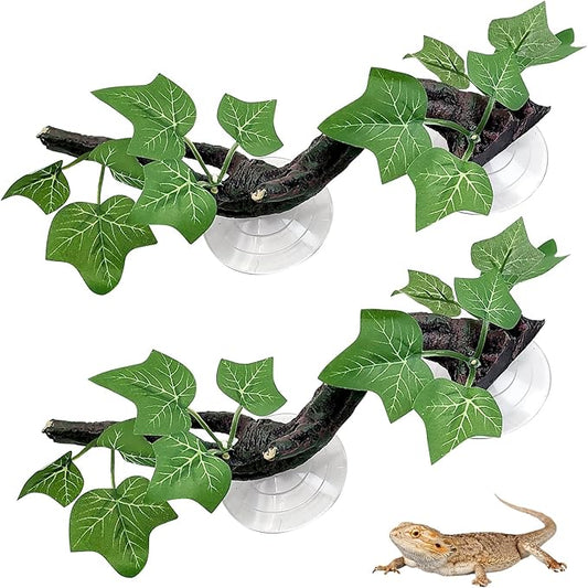 PINVNBY 2 PCS Reptile Corner Branch Terrarium Plant Decoration with Suction Cup Resin Plant for Amphibian Lizard Snake Climbing