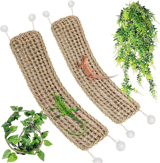 Tfwadmx 2Pcs Large Bearded Dragon Hammock Lizard Lounger Natural Seagrass Fiber Reptile Habitat Decor with Leaves Rattan Plant for Geckos Snakes