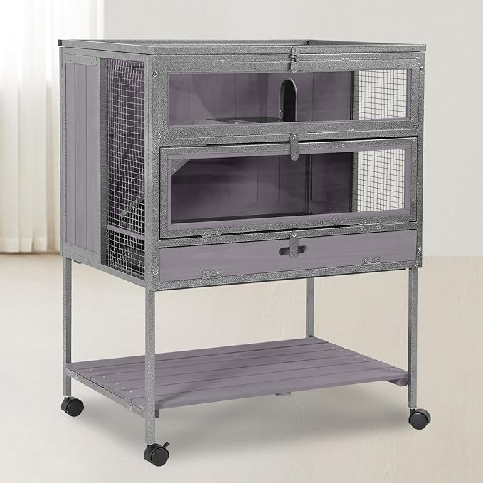 GUTINNEEN Guinea Pig Cage for Small Animals, Hamster Cage with Metal Iron Frame & Chew-Proof Aluminum Edges, 2-Story Small Animal Cage with Leak-Proof Tray, Hideout, and Storage Shelf, Black