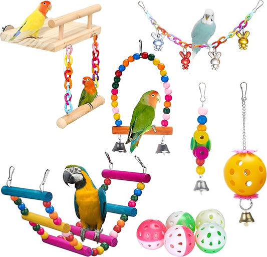 11Pcs Bird Platform Stands Swing Hanging Chewing Toy Parrot Climbing Ladder Colorful Bird Cage Toys for Parakeet, Conure, Cockatiel, Love Birds, Finches