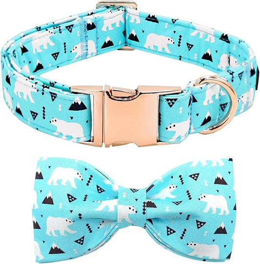 Dog Collar, Bow Collar Blue Bear Pattern Pet Collar Cute Bow Tie Soft Girl Boy Dog Collars with Metal Buckle for Medium Dogs