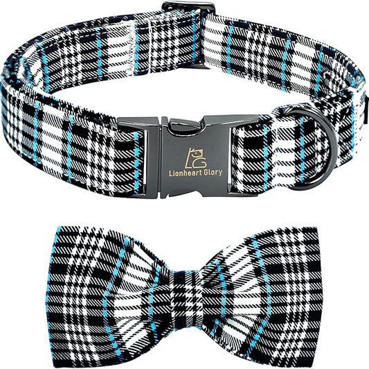 Lionheart glory Dog Bow Collar Blue and Black Plaid Dog Collar for X-Small Dogs,Boy Dog Collars with Bowtie Spring Summer Collars Soft Adjustable Pet Collar Bows