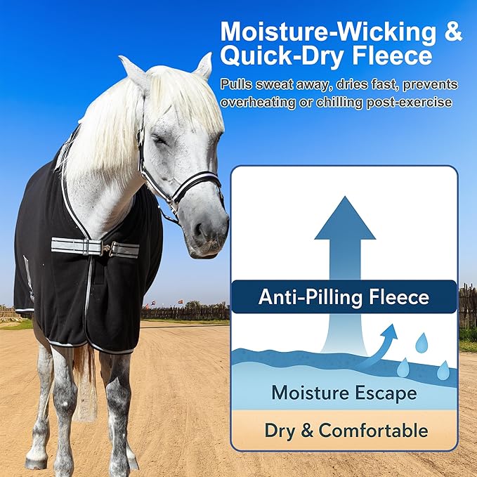 Horse Fleece Cooler, Blanket Liner - 300g Anti-Pilling Fleece, Moisture-Wicking, Cooling & Drying for Post-Workout, Bath & Travel, Prevent Overheating & Chilling Black 69