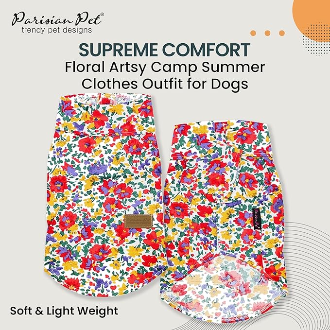 Parisian Pet Dog Shirt - Floral Pattern 100% Cotton Dog Summer Clothes - Stylish Dog Beach Oufit - Hook and Loop Closure Dog Costume - Machine Washable Dog Shirts for Large Dogs - L