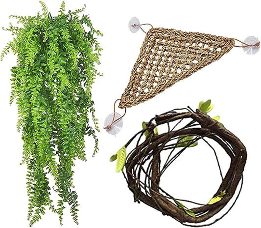 PINVNBY Vines for Reptile Tank,Reptiles Plants for Habitat,Bearded Dragon Hanging Plant Decoration Artificial Leaves Accessories Lizard Natural Seagrass Hammock for Chameleon Geckos Snake