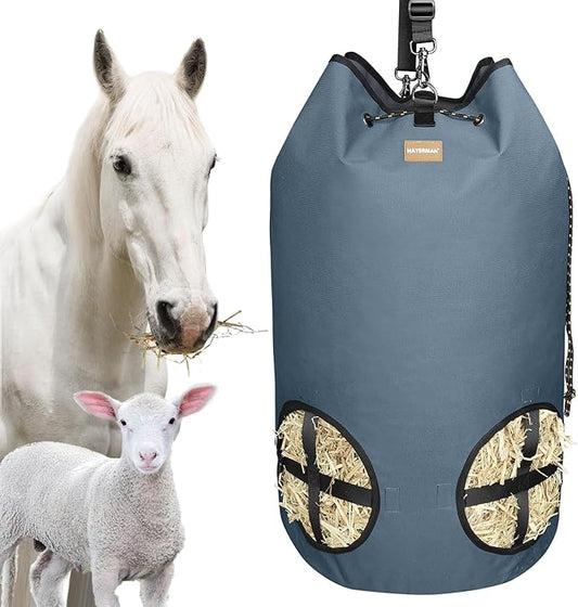 Hay Bags for Horses,4 Holes Slow Feeder Hay Bags for Goats,Sheep,Donkeys,Large Capacity Hay Feeder with Adjustable Top Opening for Easy Filling(Grey)