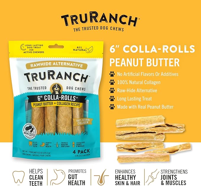 Collagen Rolls - 6" Collagen Rolls for Dogs - Long Lasting Healthy Joint Support Dog Treat - Rawhide Alternative - Skin & Coat Health - Made with Real Peanut Butter, 1 Bag, 4 Count