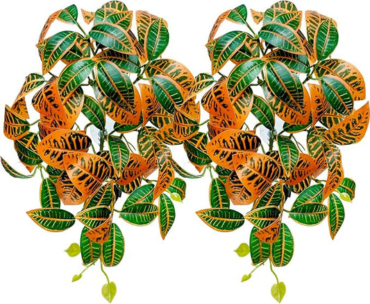 Woyrise 2 Pack Reptile Plants, Terrarium Hanging Plant Vines, Artificial Leaves with Suction Cup, Bearded Dragon Tank Accessories for Gecko Lizard Snake Frog Tortoise Decorations - Codiaeum Variegatum