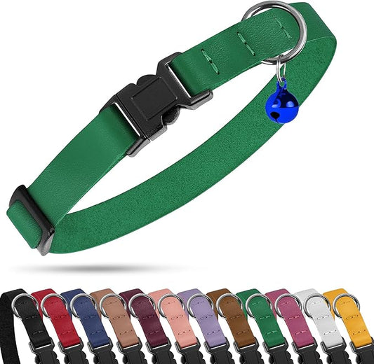 Breakaway Cat Collar with Bell - Leather Adjustable Kitten Collars with Safety Quick Release Buckle - Soft Small Pet Collars for Girl & Boy Cats (Green)