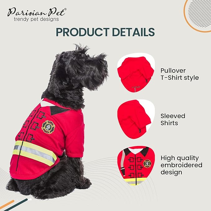 Parisian Pet Embroidered Firefighter Costume - 100% Cotton & Polyester Dog Clothes - Sleeved Red Dog Costume - 3XL