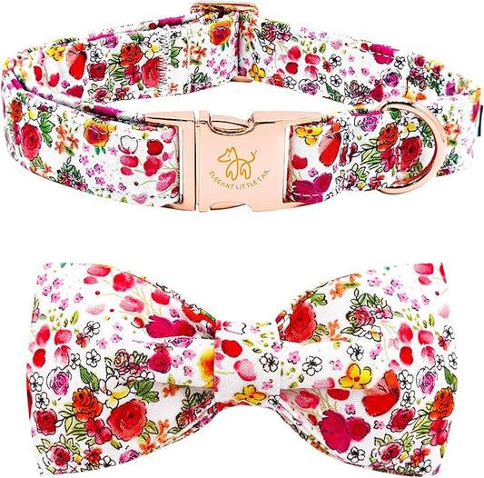 Elegant little tail Dog Collar, Pink Rose Print Pet Collar Summer Dog Collar Durable Metal Buckle Dog Collars Cotton Pet Adjustable Dog Collars for Medium Dogs
