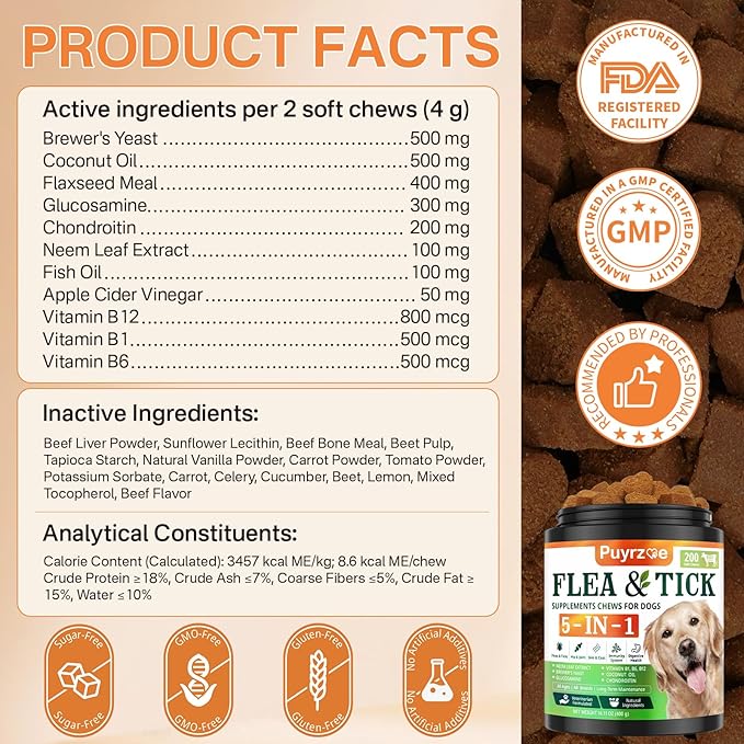 5-in-1 Dog Flea and Tick Treatment Chewable, Natural Flea and Tick Prevention for Dogs Chewable - Flea & Tick | Hip & Joint | Skin & Coat | Immunity Support | Digestive for All Breeds & Sizes