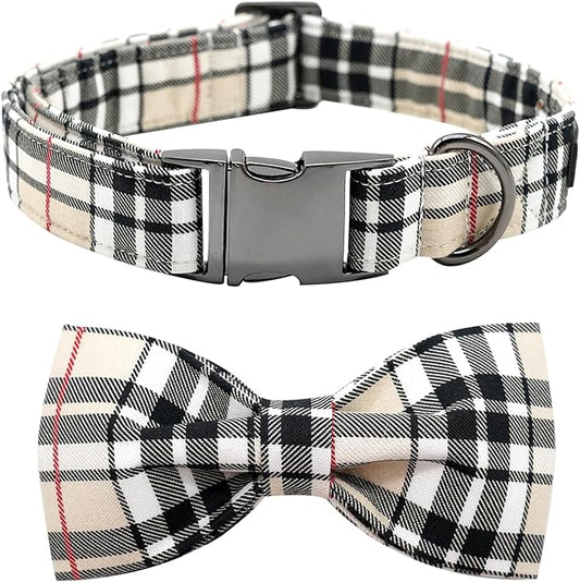 Dog Collar, Bow Dog Collar Plaid Pet Collar Dog Cute Pet Bow Soft Girl or Boy Dog Collars with Metal Buckle Adjustable Collar for X-Large Dogs