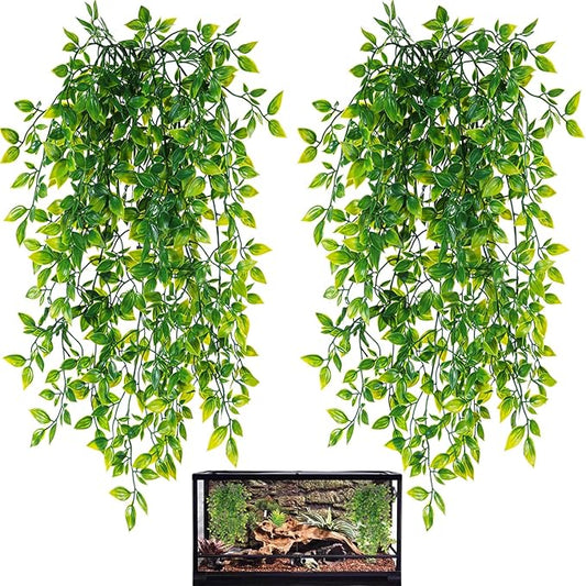 HERCOCCI Reptile Plants, 2 Pack Terrarium Hanging Plants Vines Artificial Leaves Habitat Decorations with Suction Cup for Bearded Dragon Hermit Crab Lizard Snake Geckos Chameleon