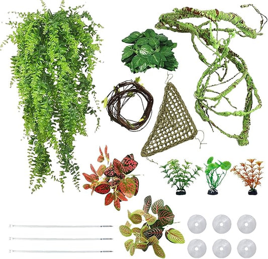 kathson 10 PCS Reptile Vines Plants Flexible Bendable Jungle Climbing Vine Terrarium Plastic Plant Leaves Pet Tank Habitat Decor for Bearded Dragons Lizards Geckos Snakes Frogs and More Reptiles