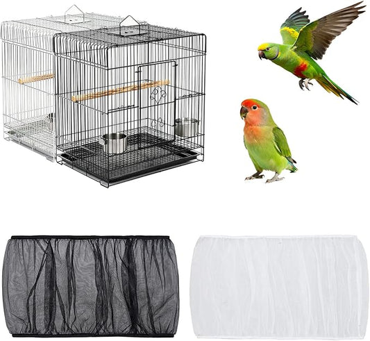 Fengek 2 Pcs Adjustable Bird Cage Cover & Seed Catcher Net - Stretchy Bird Cage Accessories for Night Cover & Seed Guard (White + Black)