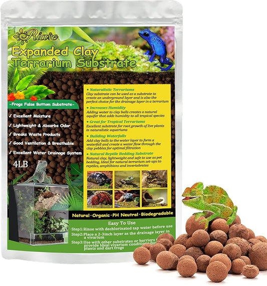 Riare 4LBS Expanded Clay Balls Terrarium Substrate for Reptiles - 100% Organic Lightweight Clay Pebbles Substrate Frogs False Bottom Substrate, Bioactive Terrarium Substrate for Drainage and Moisture
