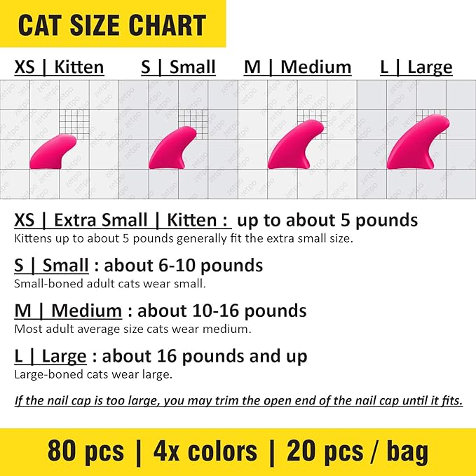 zetpo 80 pcs Cat Claw Covers | Cat Nail Caps | with Adhesives and Applicators (XS, Black, White, Silver Glitter, 24k Gold Glitter)