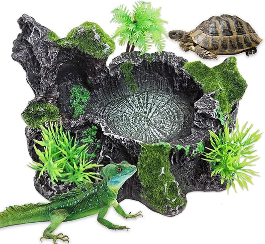 PINVNBY Reptile Water Dish, Crested Gecko Food Dish, Artificial Plants and Moss Reptile Food Water Bowl for Bearded Dragon, Lizards, Geckos, Turtle, Hermit Crab, Snake (with Moss)