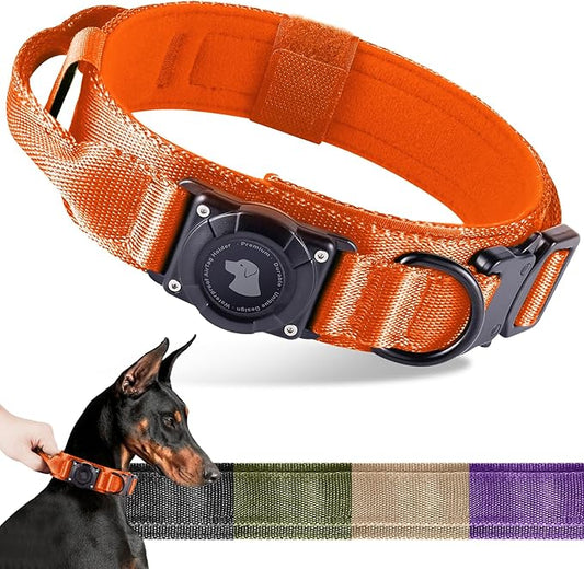 2026 Upgrade Waterproof AirTag Dog Collar, Military Tactical Dog Collar with AirTag Holder, Comfortable Control Handle and Metal Buckle, GPS Dog Collar Holder for Medium to Large Dogs (Orange, XL)