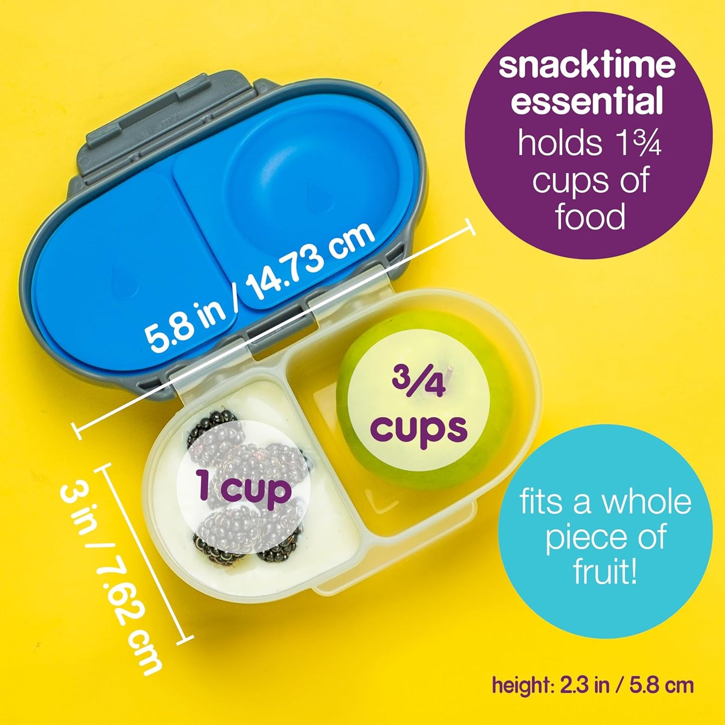 b.box Snack Box Reusable Snack Containers with Lids 2 compartments, Bento Box for kids and toddlers, Leakproof Lunch Box, BPA free and Dishwasher Safe Snack Container (Lemon Sherbet, 1 3/4 Cup)