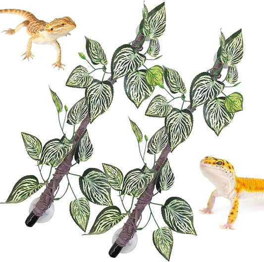 VCEPJH Reptile Climbing Branch Decor 2 Pcs Bendable Jungle Vine with Suction Cup Terrarium Plant Decoration for Gecko Bearded Dragons, Snake,Frogs, Chameleons Cage Accessories (T)