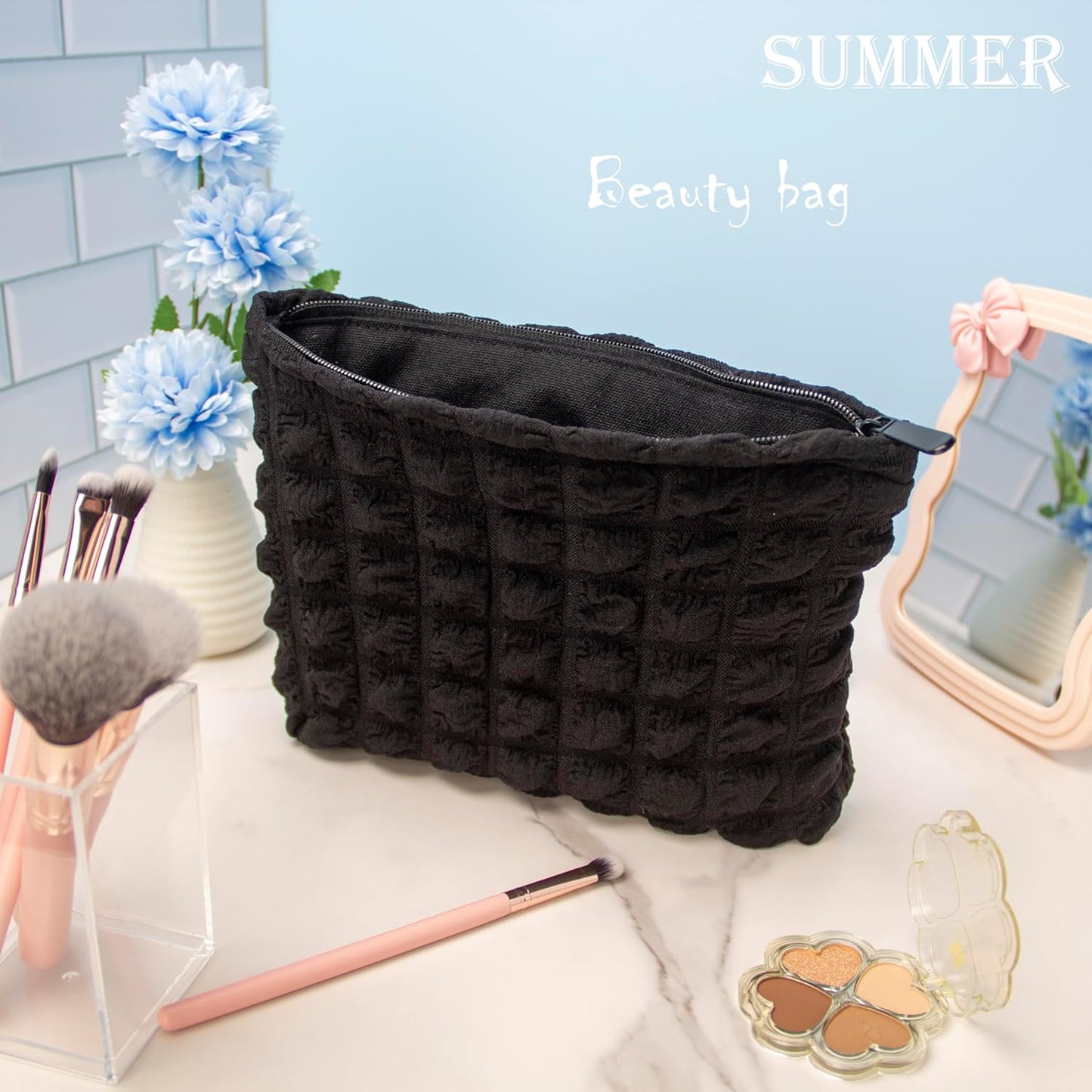 PAZIMIIK Floral Makeup Bag Large Cotton Zipper Pouch for Purse Travel Canvas Make Up Organizer for Women Cosmetic,Bubble Black