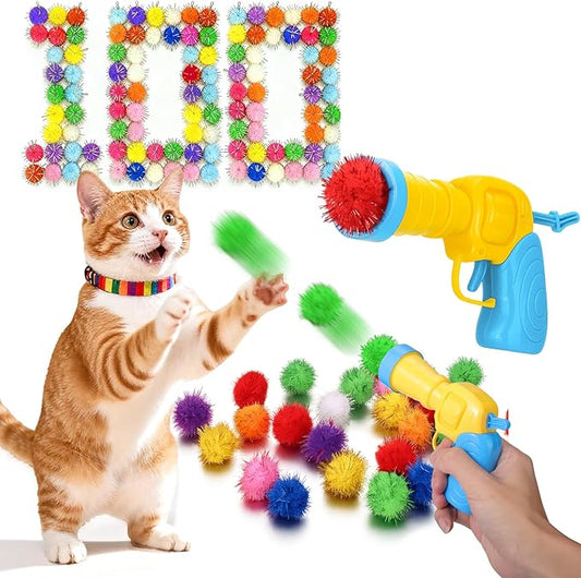 Mity rain 101PCS Cat Ball Launchers & Pom Pom Balls Interactive Cat Toy Set – Safe Soft Plush Kitten Toys for Indoor Cats, Fun Kitten Toys for Endless Active Play (Shining)