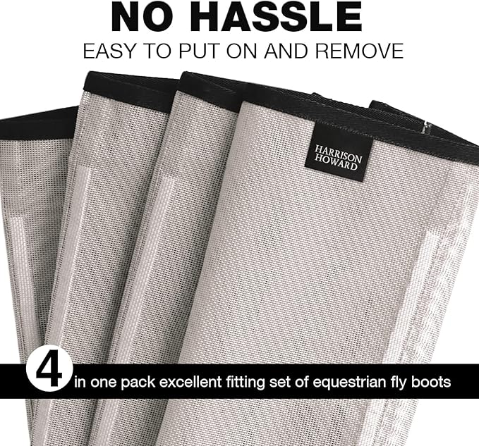 Harrison Howard Loose Fitting Fly Boots UV-Protective Extra Tough Mesh Ventilated Four Fasteners Stay-on Design Protect Horse Legs & Stomp-Reducing Set of 4 Silver Grey Large
