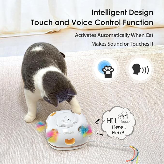 ORSDA Interactive Cat Toys for Indoor, 4 in 1 Automatic Cat Toy for Kitten, Rechargeable Smart Teaser Toys, Moving Ambush Feather, 8 Holes Mice Whack-A-Mole, Hide The Seek