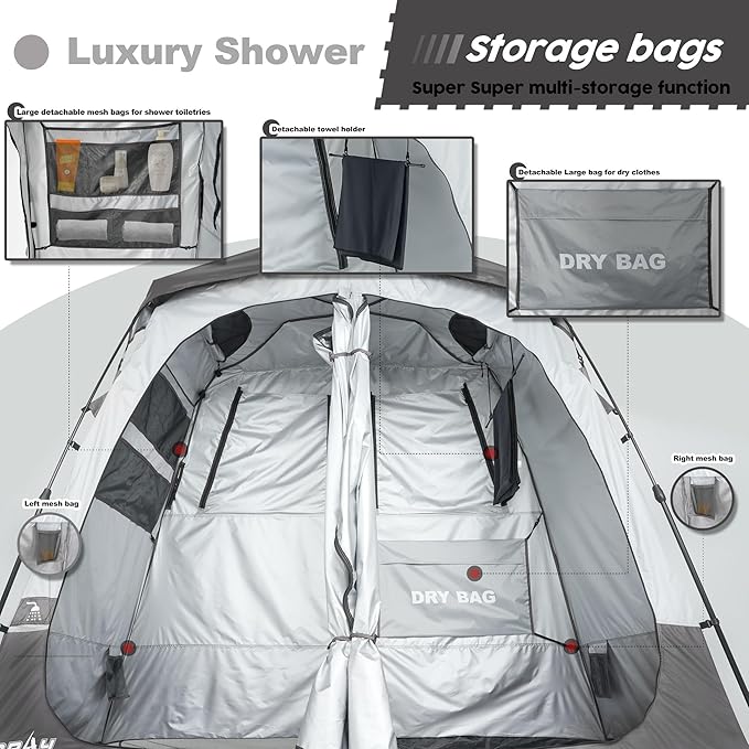 Camping Shower Tent Deluxe Changing Room Easy Set Up Privacy Shelter,Large Toilet Tent 2 Rooms with Floor Drain Design for Beach, Camping,Hiking with Stakes and Ropes for Stability