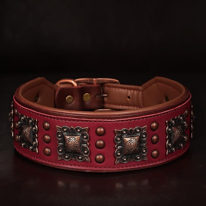 PET ARTIST Upgrade Padded Leather Dog Collar, 2 inch Wide Genuine Leather Dog Collars with Strong Studded Rivet & Metal Buckle, Adjustable Large Dog Collar for Pit Bull Doberman,Red,Neck 19-22"