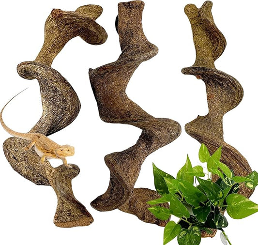 BNOSDM 3PCS Natural Reptile Climbing Branches Decor,1.2-1.8" Thick Natural Snake Climbing Forest Wood with Plant Leaf Decor,Lizard Forest Branch,Geckos Tank Tree Trunk Accessories for Bearded Dragons