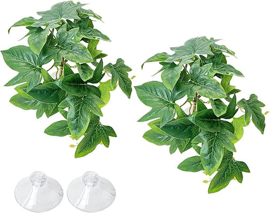 VCEPJH Reptile Plants with Suction Cup Amphibian Habitat Decor 2 Pcs Artificial Leaves for Terrarium Decor Crested Gecko Tank Accessories for Bearded Dragon, Lizard, Snake (Maple Leaves)