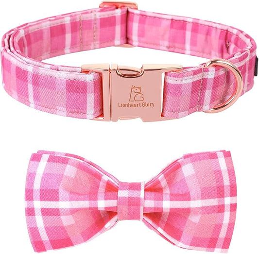 Lionheart glory Pink Plaid Dog Collar, Adjustable Dog Collar with Bowtie, Pet Gift Girl Collar for Dog Soft Bowtie Dog Collars for X-Large Dogs