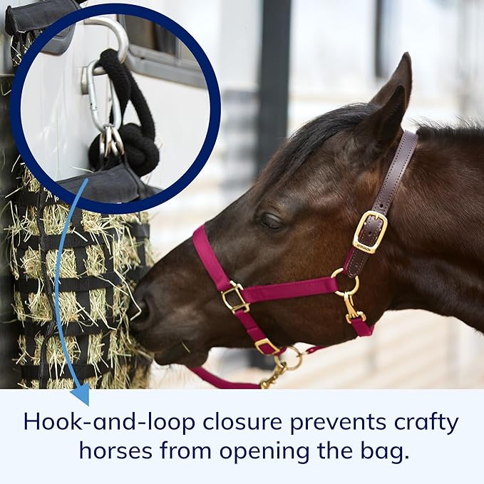 SmartEquine Slow Feed Hay Bag for Horses | Hay Feeder Net with Resistant Nylon | Gator Mouth Enclosure for Easy Loading | Fits 10-15 lbs of Hay | 4 Flakes Bag | 37" x 30" | Navy Blue | 2" Holes