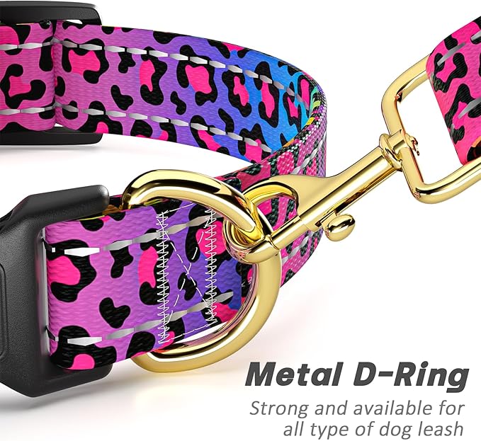 Reflective Dog Collar for Large Dogs, Cute Leopard Style Adjustable Heavy-Duty Nylon Puppy Collar for Boy and Girl Female, Soft Pet Accessories with Quick Release Buckle, Neon