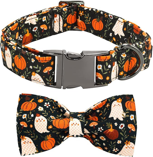 Halloween Dog Collar, Ghost Print Adjustable Pet Collar Fall Pumpkin Cute Cotton Soft Collars with Bow Tie Fall Metal Buckle Holiday Puppy Collars Boy&Girl Gift for X-Small Dogs