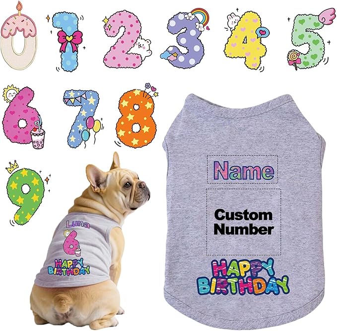 Custom Dog Birthday Shirt,Personalized Pet Apparel Print with Name Age Number,Pet Birthday Outfit,Lightweight Breathable Cotton Vest for Small Medium Large Dogs Cat (Grey, X-Small)