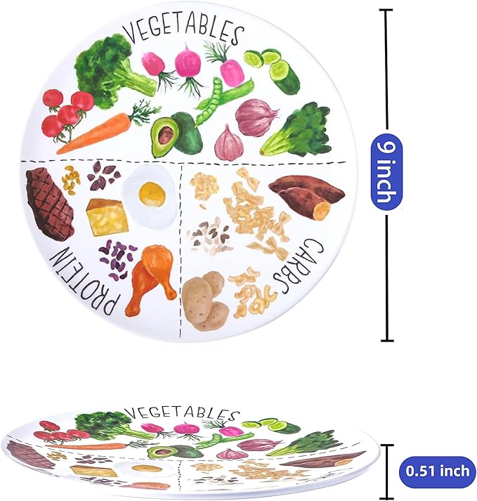 9" Portion Control Plate - Healthy Nutrition Plate for Adults and Teens, Melamine, Ideal for Weight Loss and Diabetes Management (2 Pack)