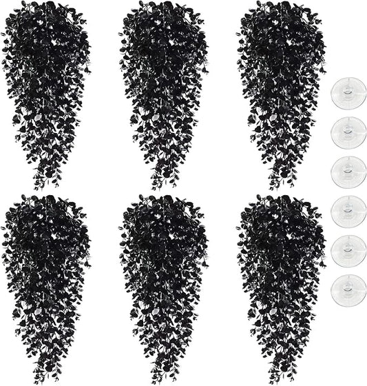 Hamiledyi 6 PCS Reptile Plants, Hanging Terrarium Plants, Artificial Leaves Habitat Decorations with Suction Cup, Fake Amphibian Plants for Bearded Dragon Lizard Hermit Crab Geckos Chameleon(Black)
