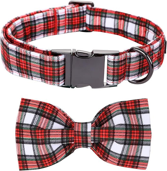 Christmas Dog Collar, Red Plaid Cotton Collars with Bow Adjustable Pet Collar Premium Metal Buckle, Christmas Puppy Necklace for Large Girl and Boy Dogs