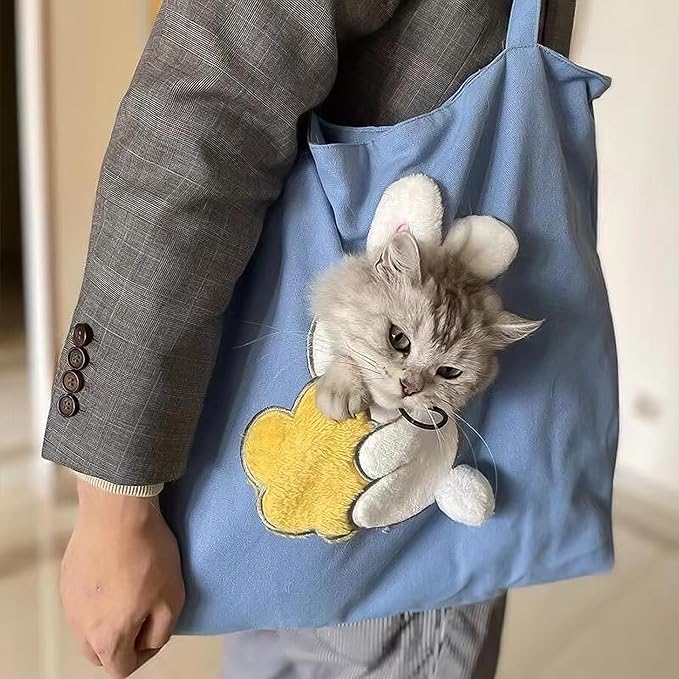 Pet Canvas Shoulder Carrying Bag, Cute Rabbit Shaped Cat Carrier, S Size Portable Kitten & Puppy Tote, Cozy Carriers for Small Dogs, Cats, and Pets, Handbag for Outdoor, Shopping, and Camping